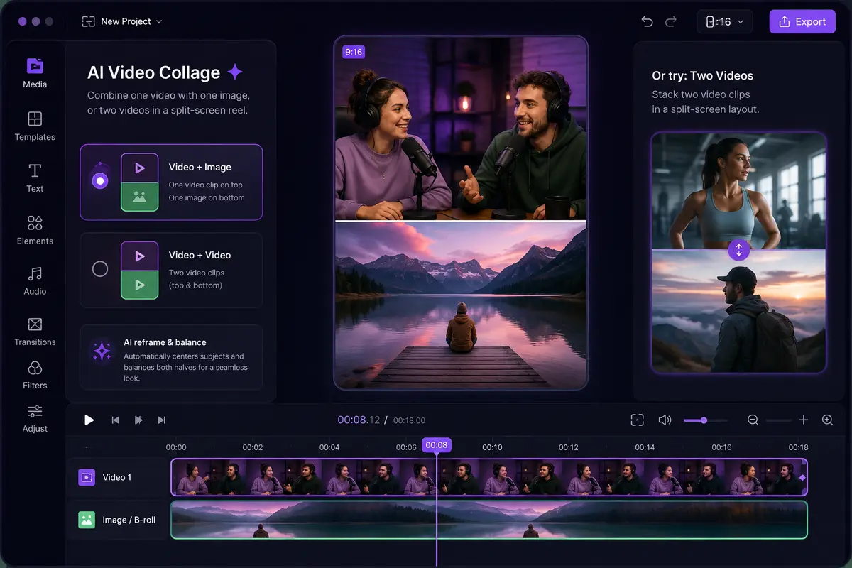 AI Video Collage editor showing video plus image and two-video split-screen reel layouts