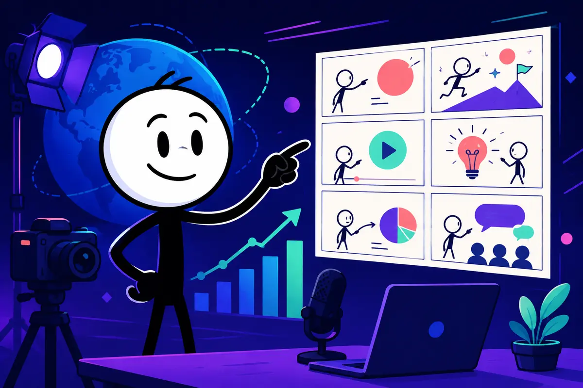 Original animated stick character presenting a faceless YouTube explainer storyboard